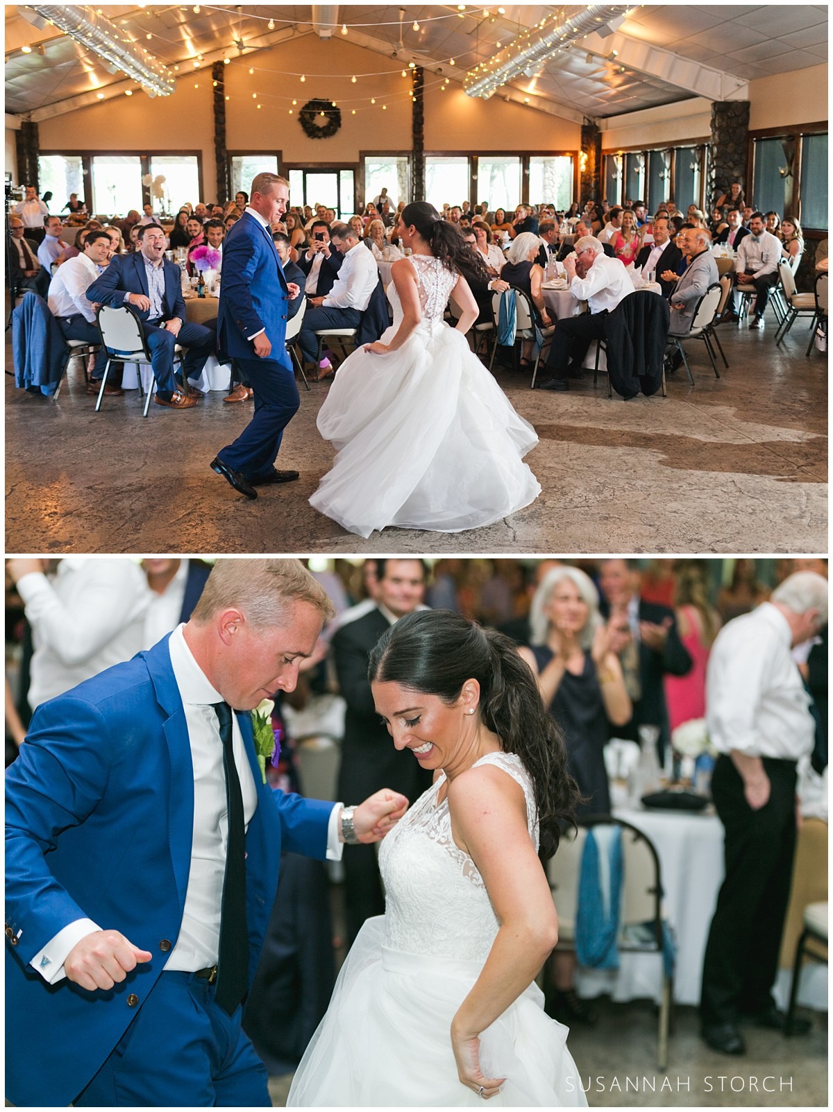 two images of a bride and groom dancing their first dance