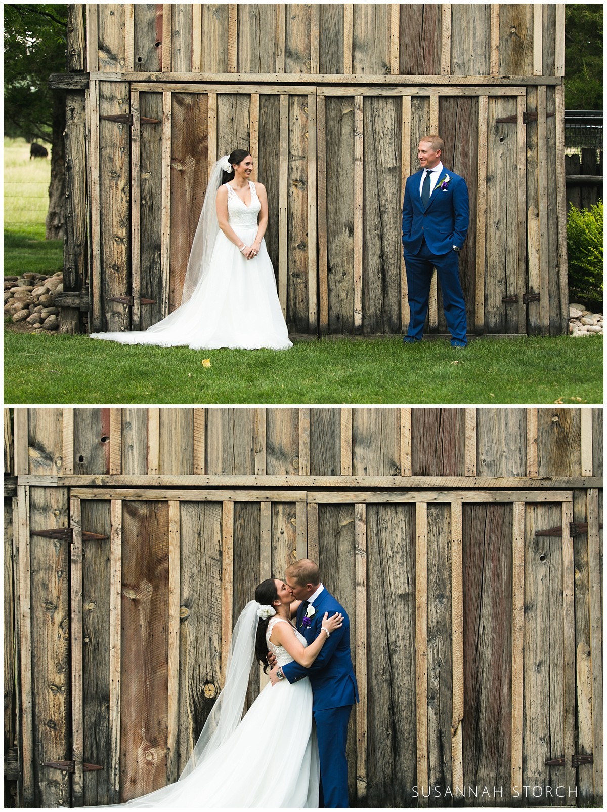 two images of a bride and groom standing in front of a wood barn