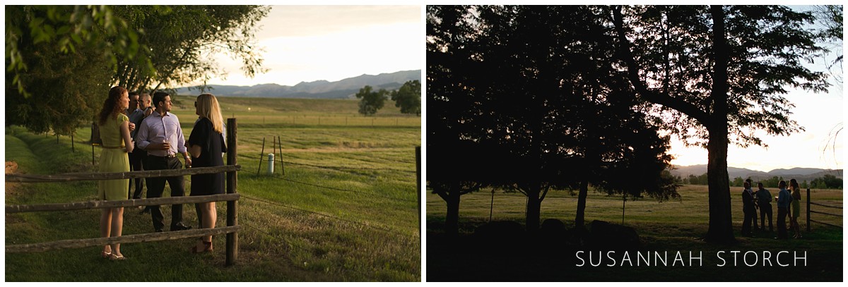 two images of people standing in a farm field at dusk