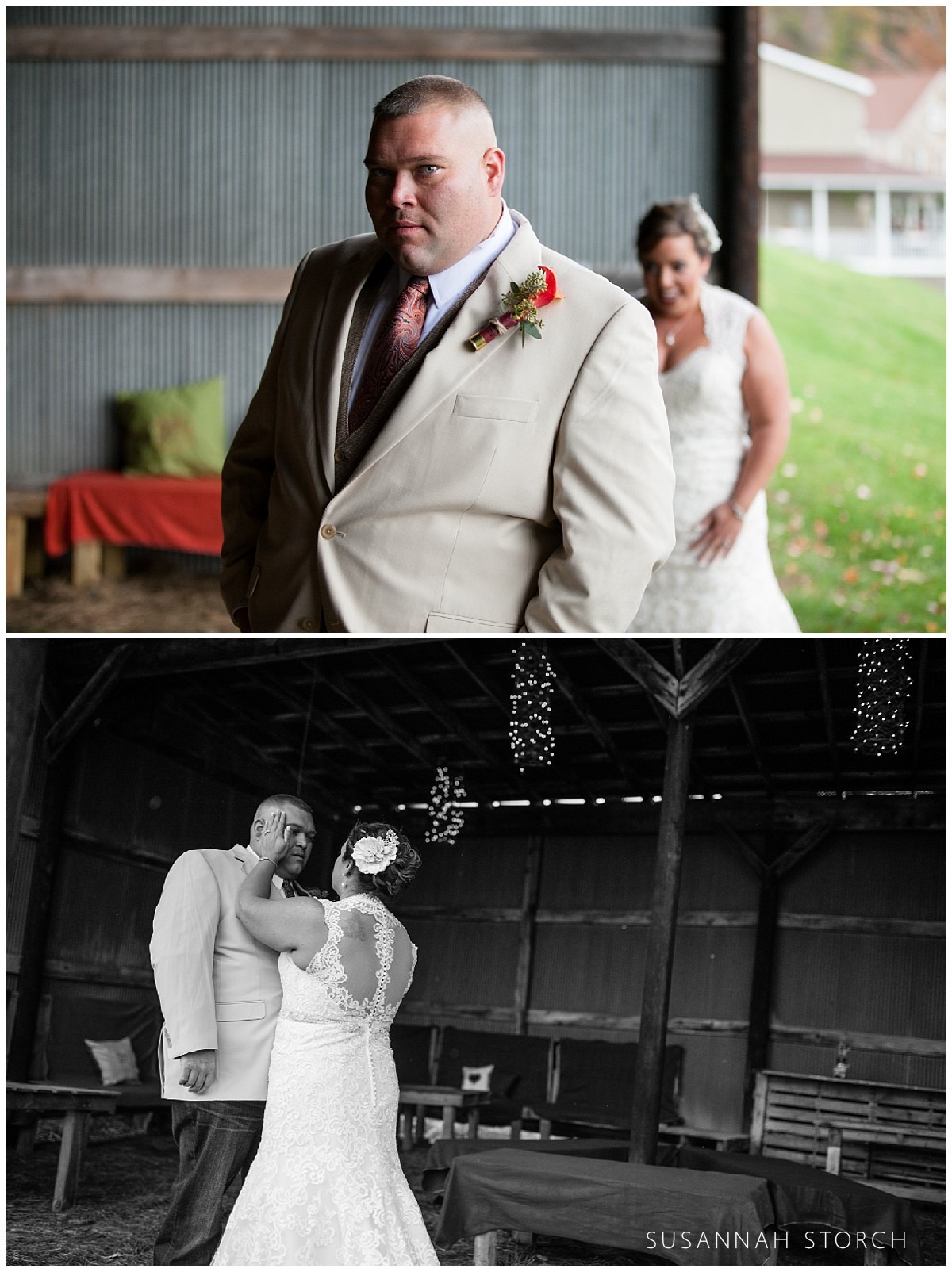 two photos of a wedding first look