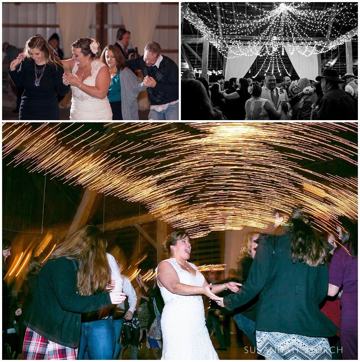 three images of wedding reception dancing