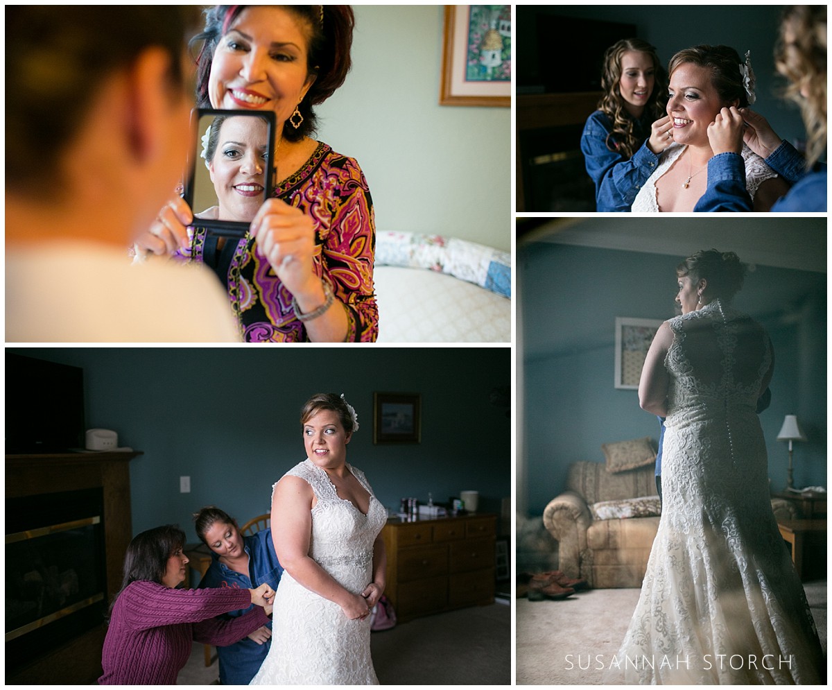 four images of a maryland bride getting dressed for her wedding