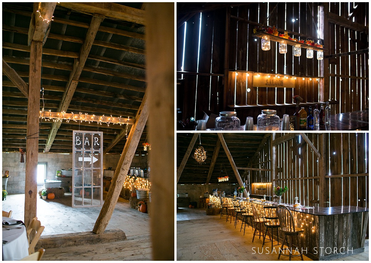 photos of a barn decorated with lights and more for a wedding reception
