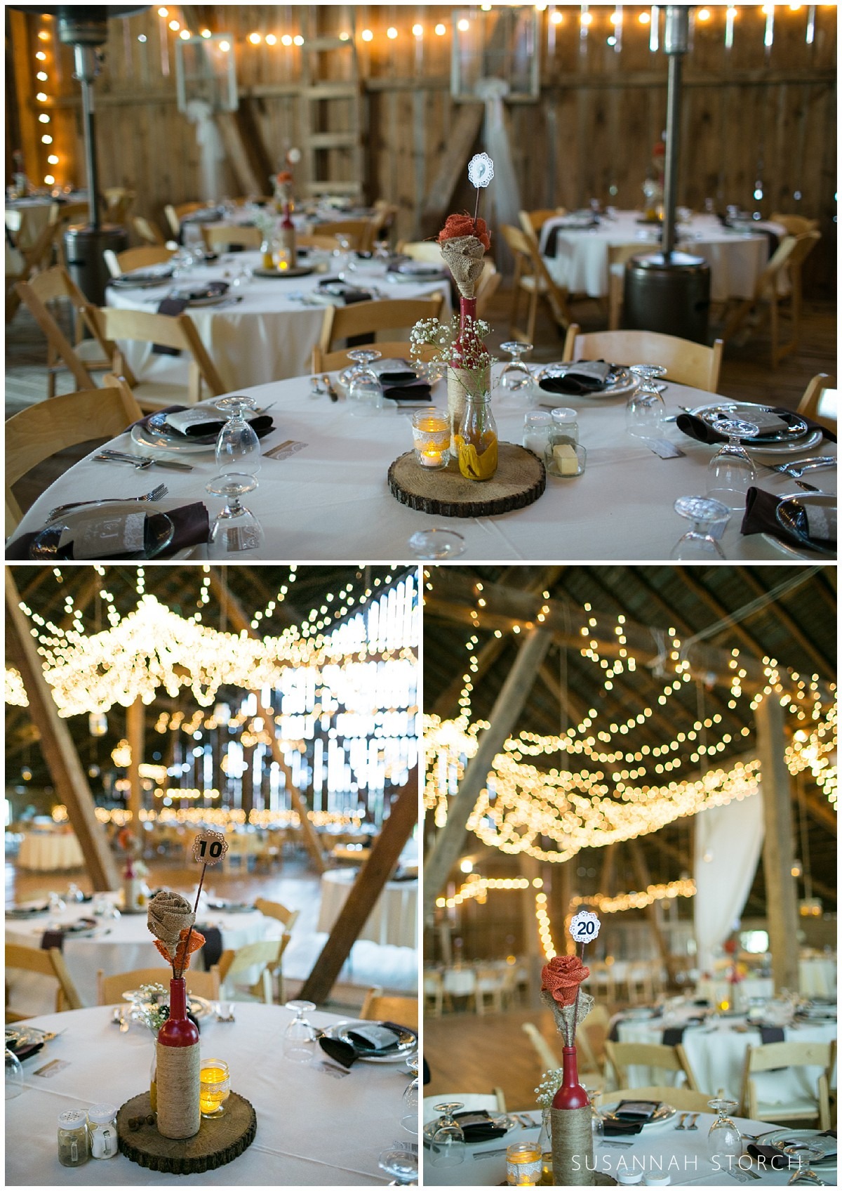 wedding receptin tables and fairy lights
