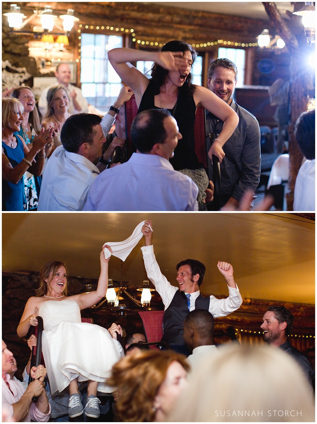 two images of a wedding reception featuring the horah dance