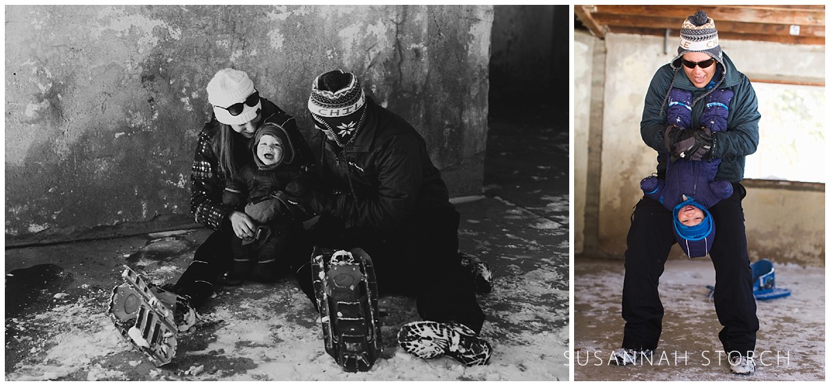 two images of a family hanging out in an old hut