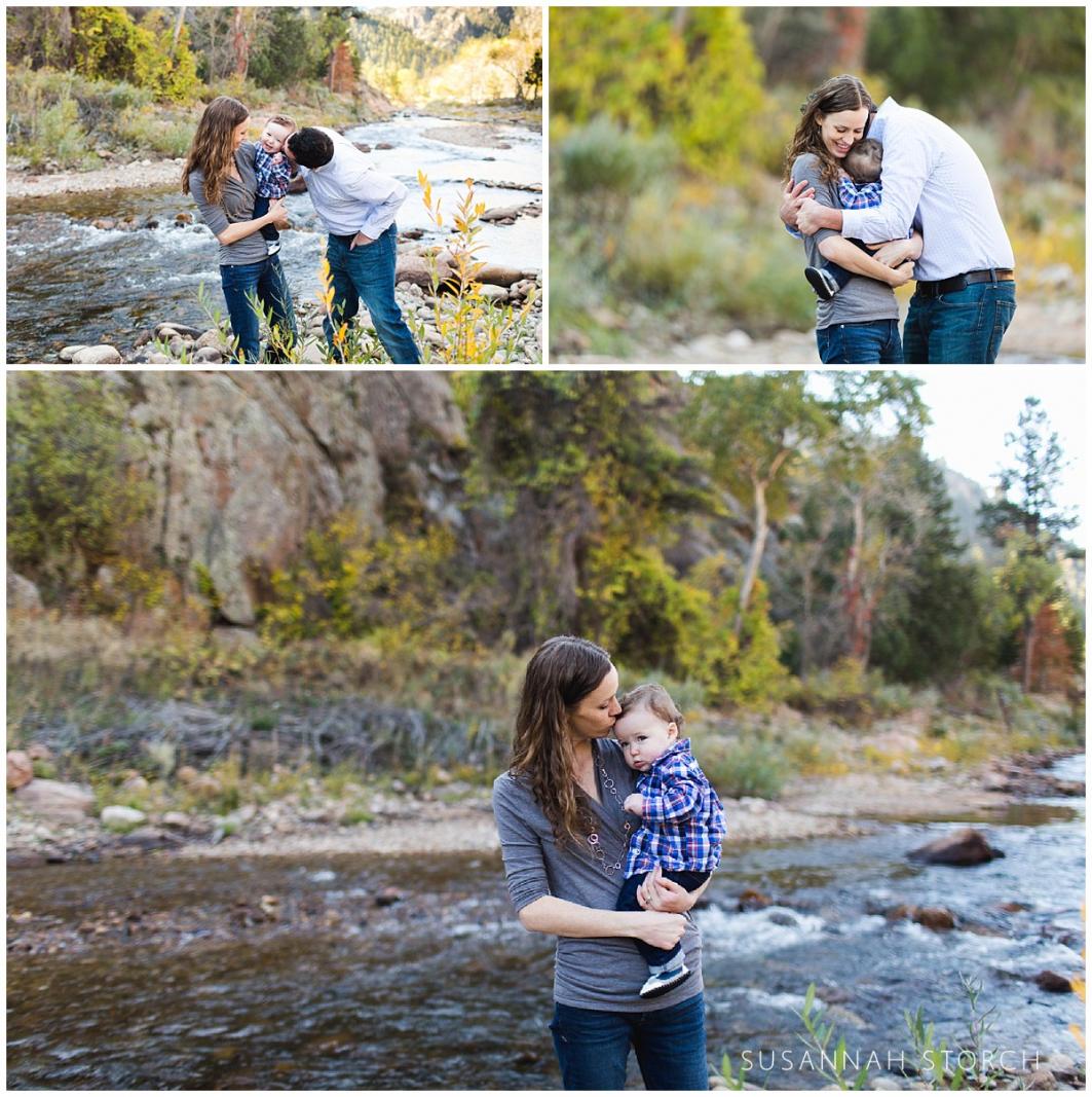 three images of a family standing under fall foliage