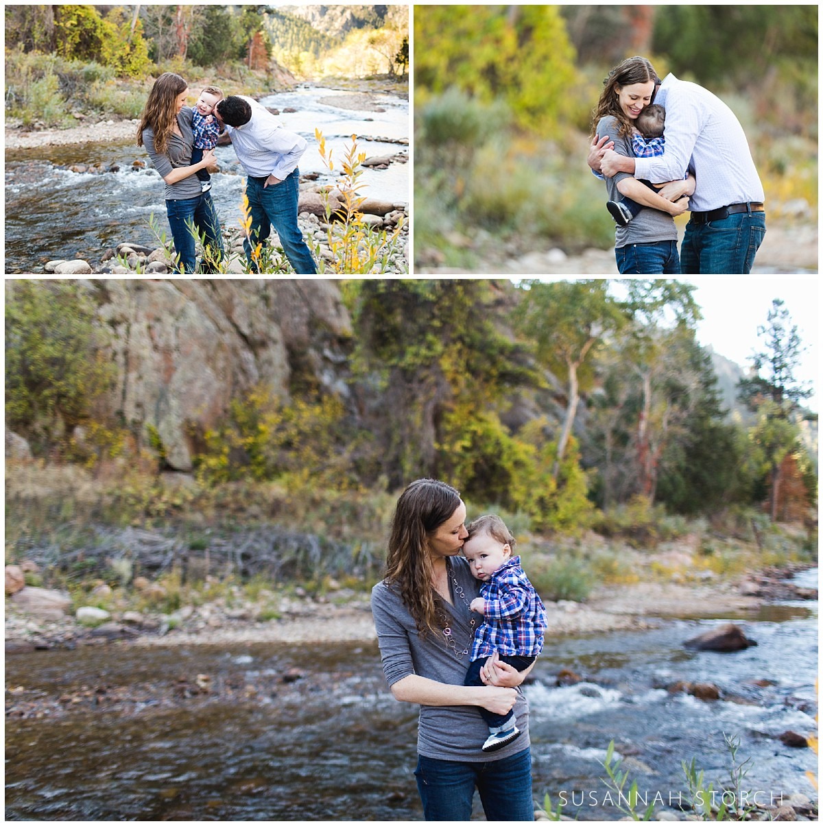 three images of a family standing under fall foliage