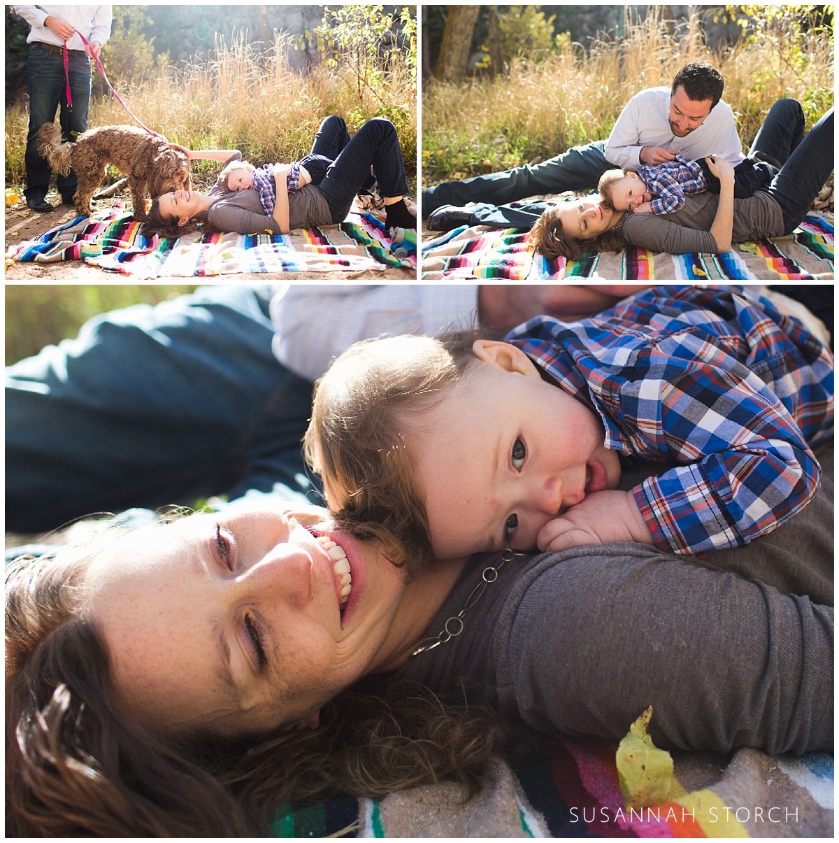 three photos of a baby boy lying on his mama