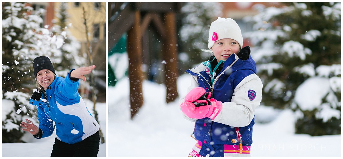 two images of a family throwing snowballs at winter park in colorado