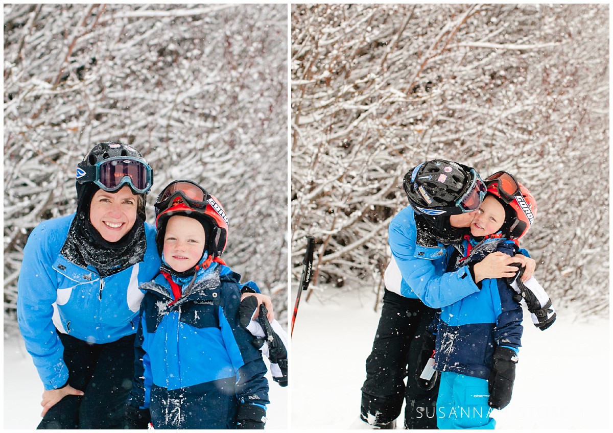 two portraits of a mom and son taking a break from skiing