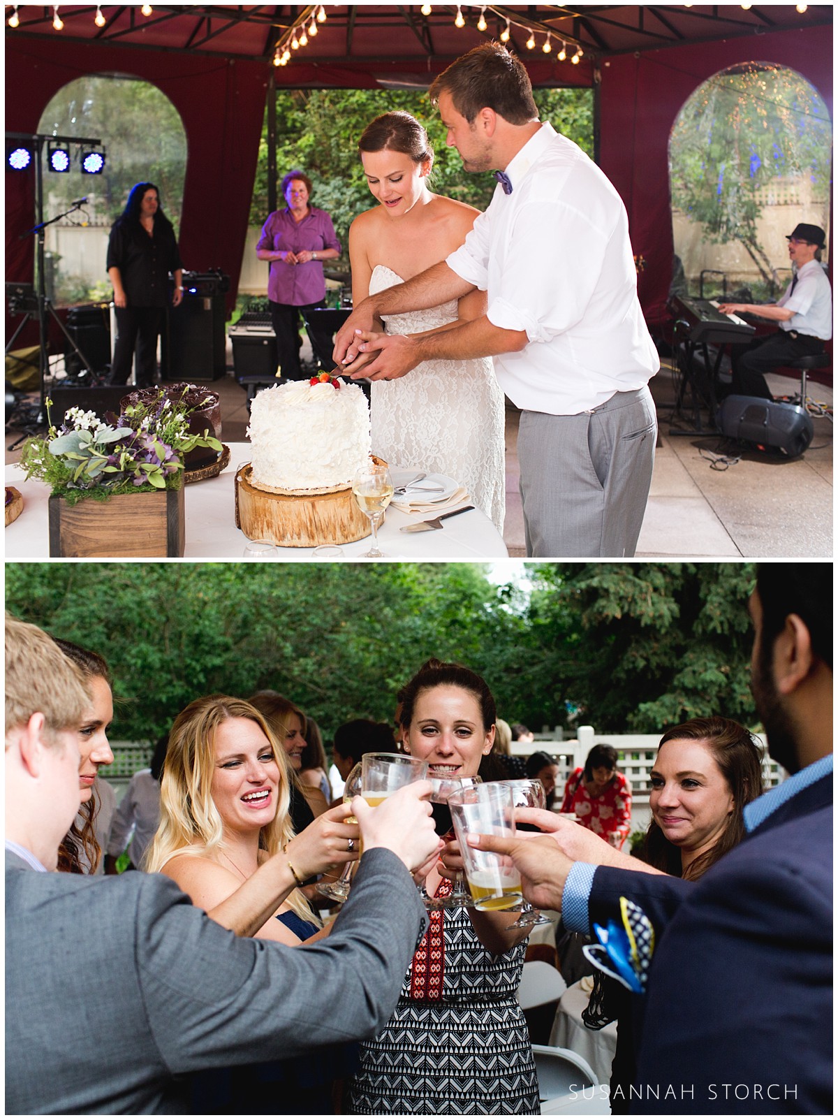 two images of wedding fun: cake cutting and a beer toast