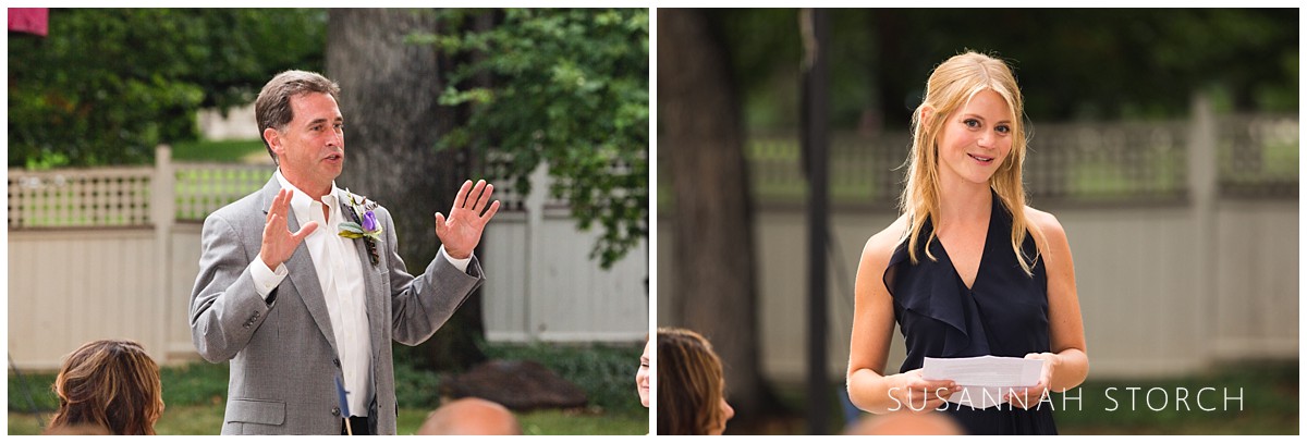 two images of wedding attendees giving toasts