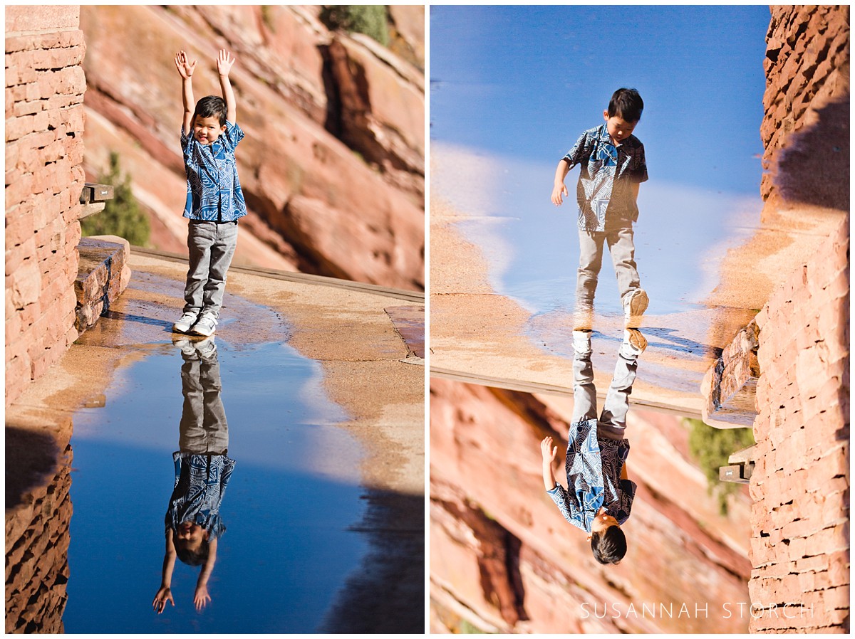 Two photos of a boy walking near a puddle that reflects Colorado blue skies