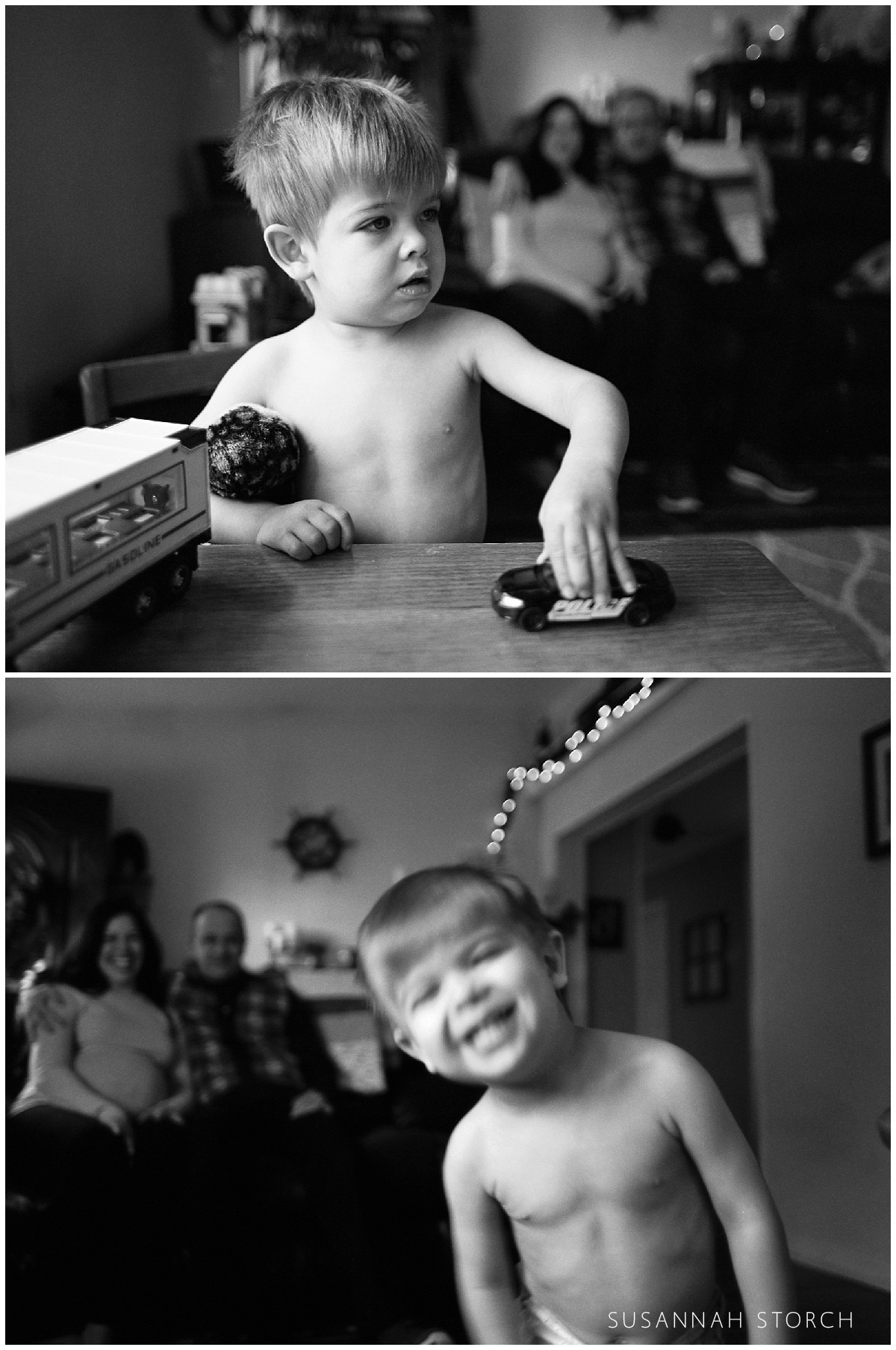 two black and white film photography images of a boy playing with toys