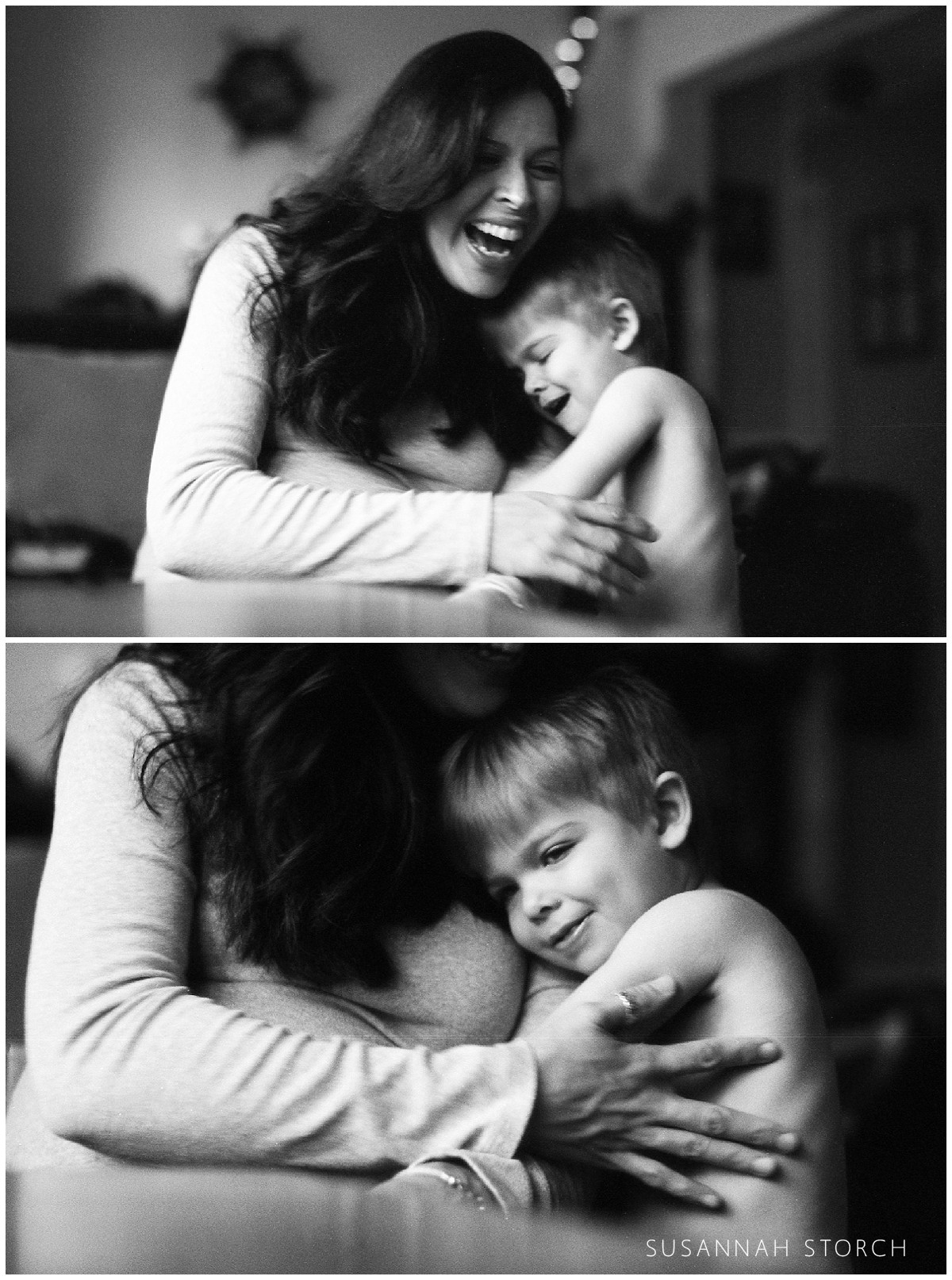two film photography images of a mom and her young son snuggling