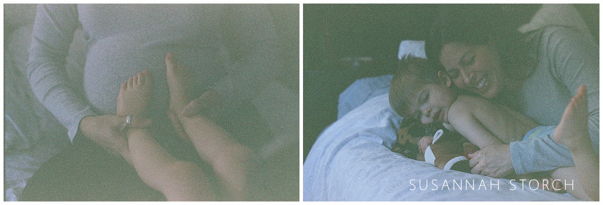 Two images of a boy and his mom taken using expired film