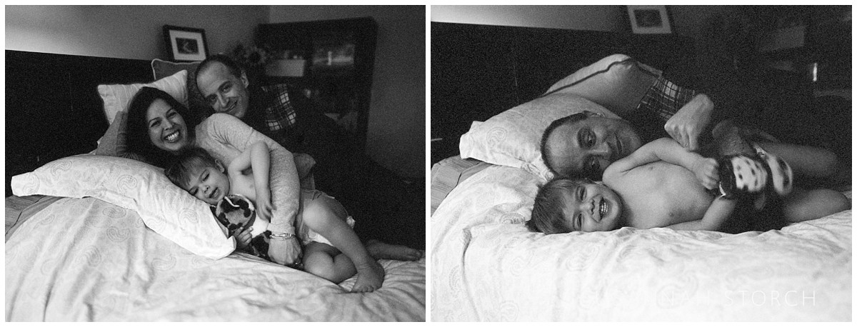 Two photos of a NY family snuggling on a bed, taken with expired film