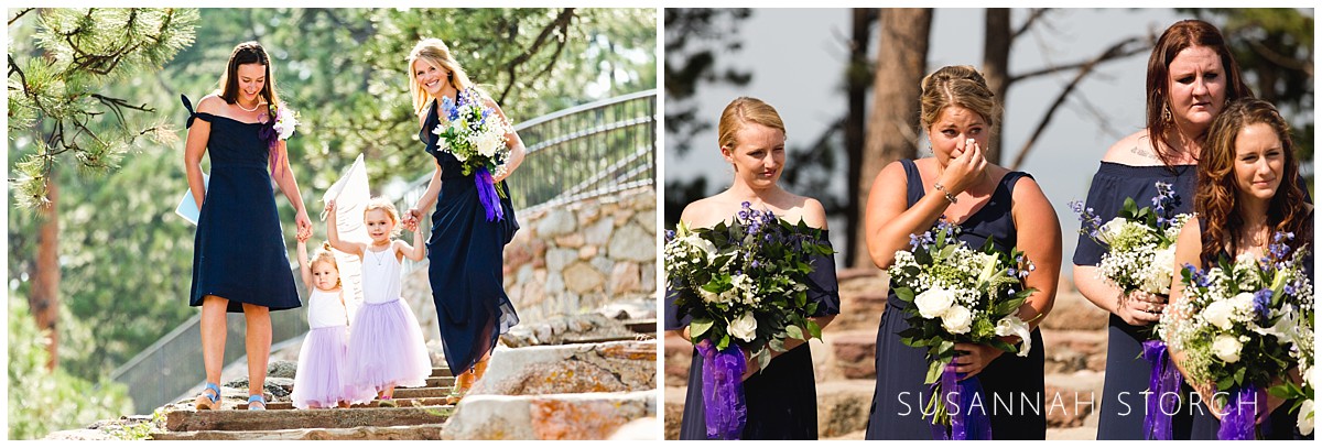 two images of bridesmaids before an outdoor wedding ceremony
