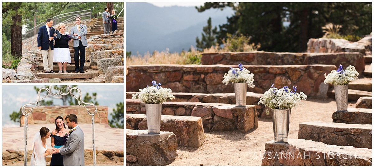 three images of the goings on of a sunrise amphitheater wedding
