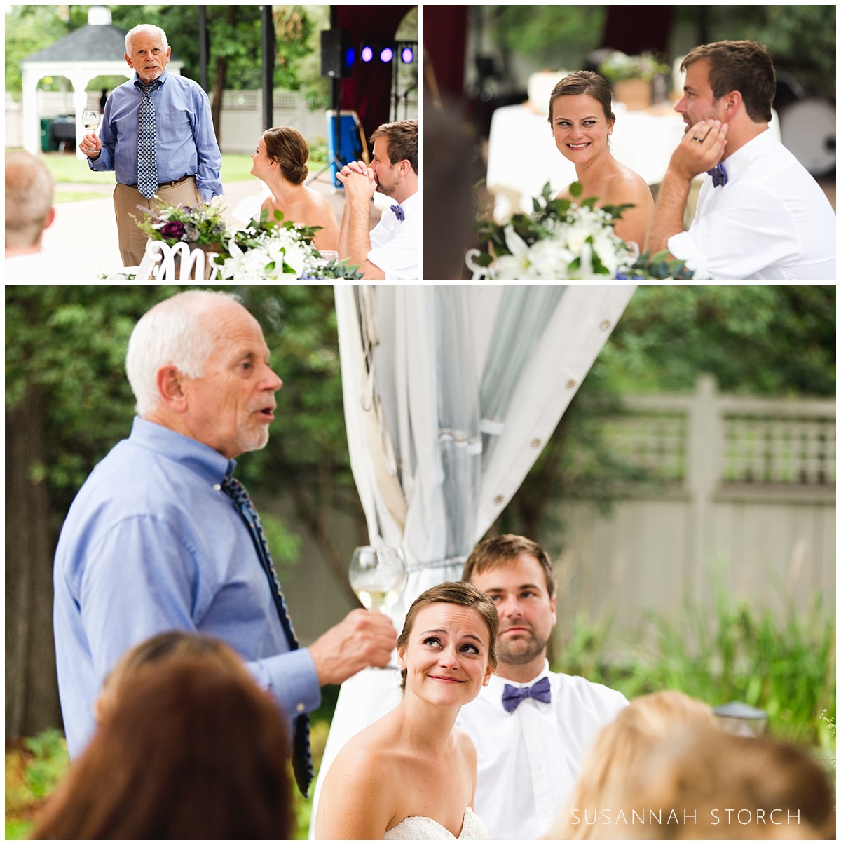 three images of a father of the bride giving wedding reception toast