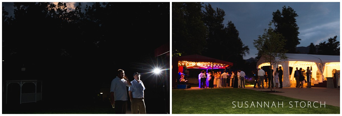 two images of wedding guests at dusk