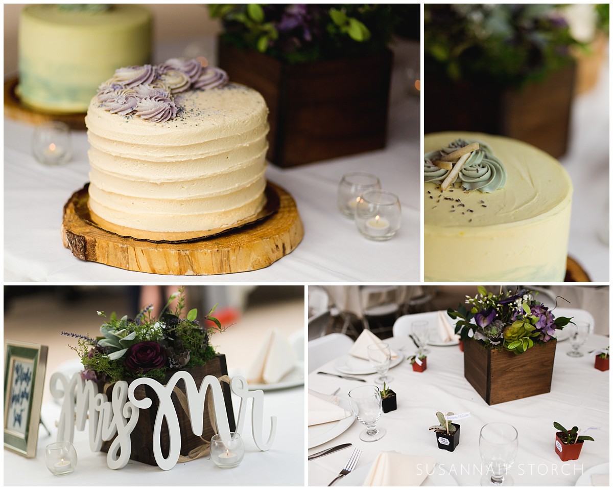 4 images of wedding details like cake, centerpieces, and Mrs and Mr sign