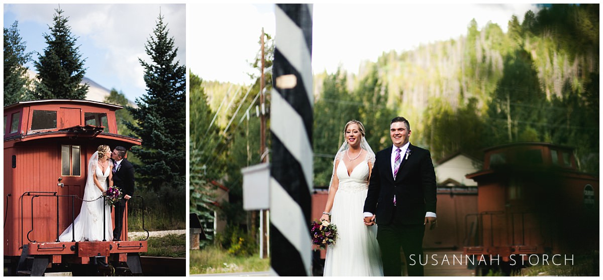 two images of a bride and groom near an old train caboose