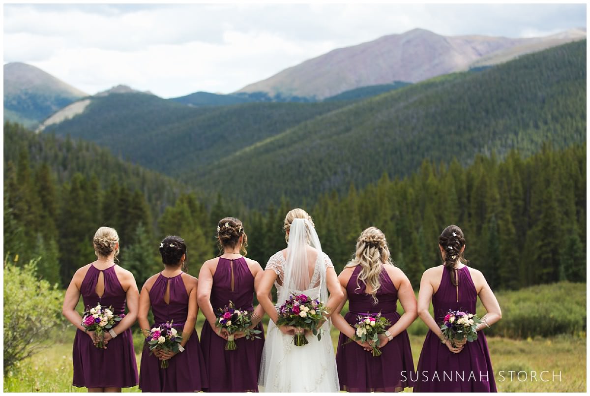 bridal party hold bouquets behind their back while looking at mountains