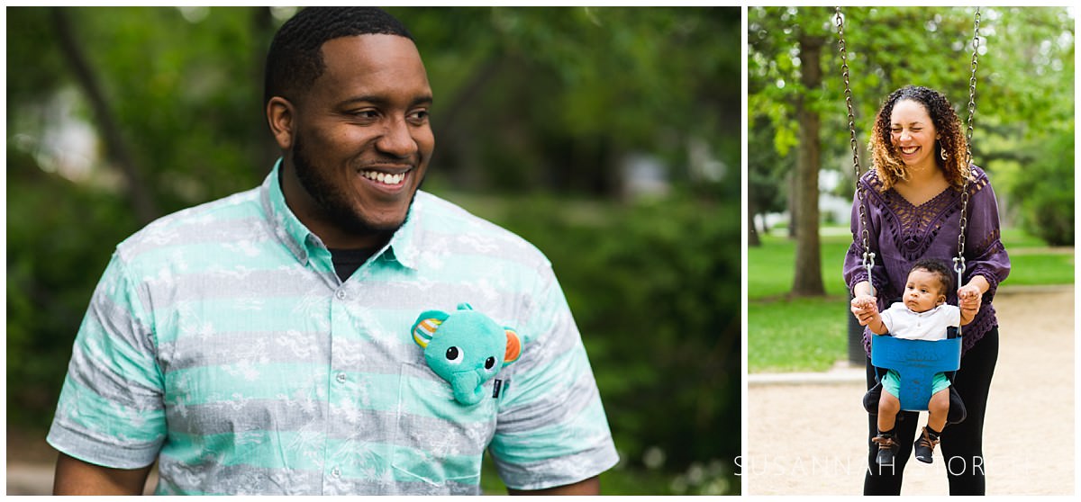 two images of laughing parents during a photo shoot at a park