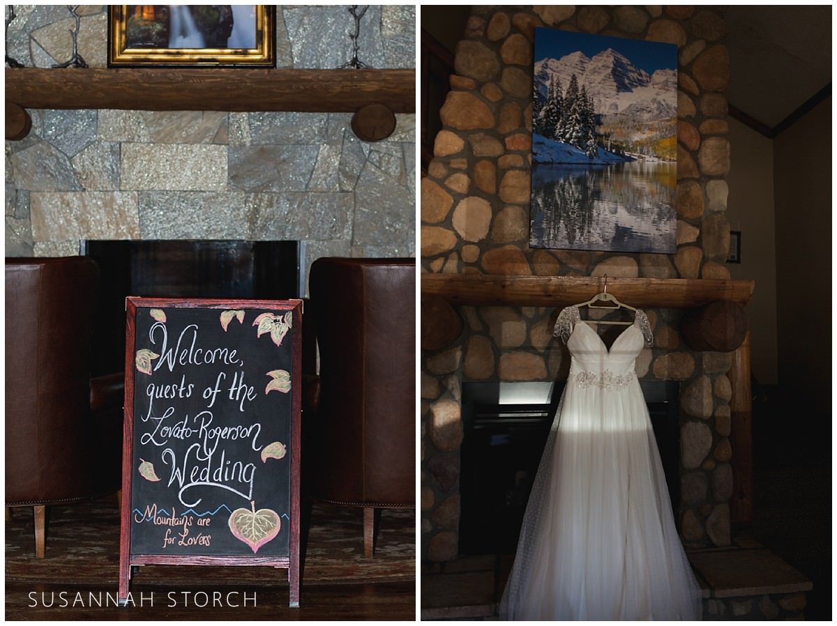 a sign welcoming wedding guests and a wedding dress in sun and shadow