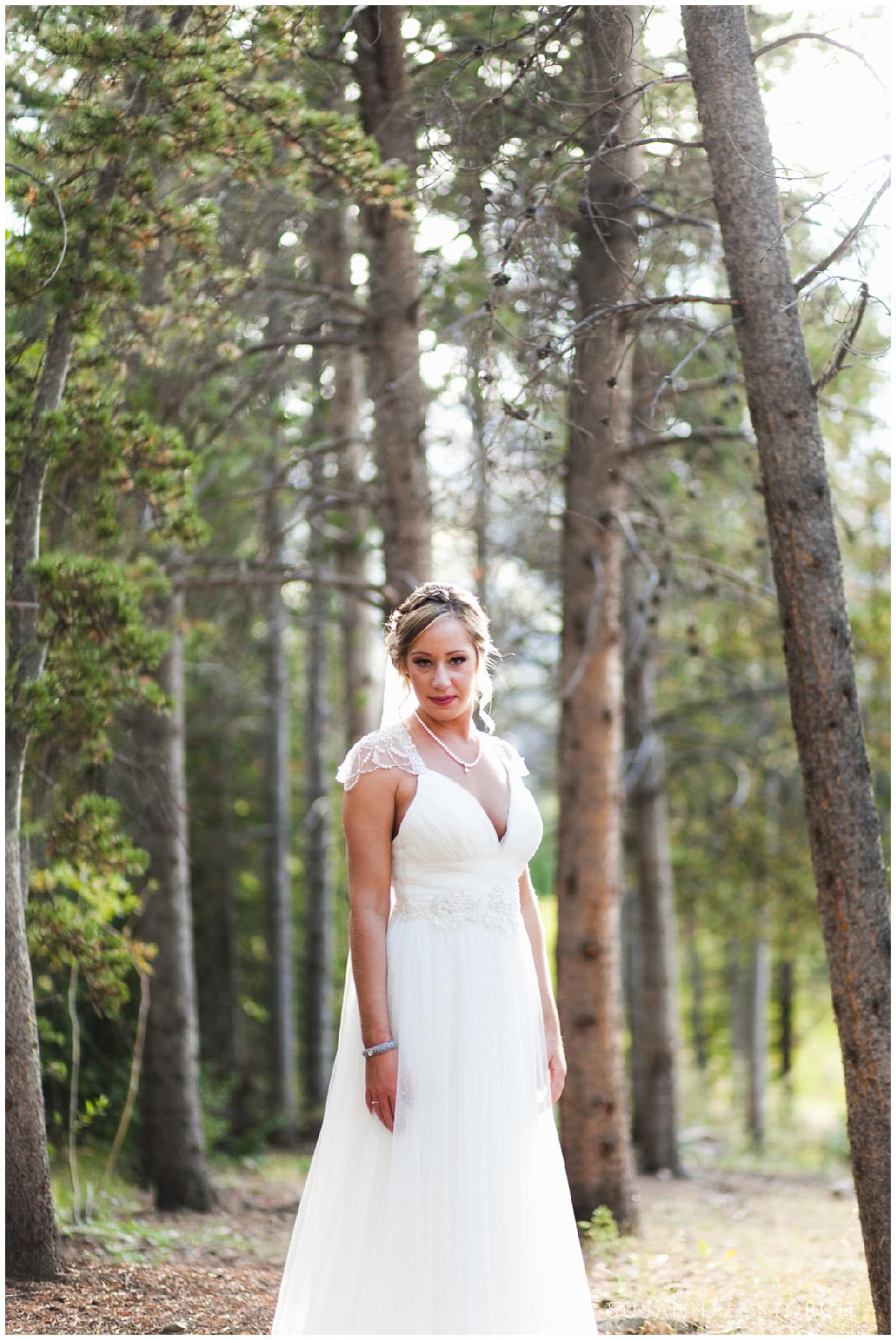 a bride stands among pine trees
