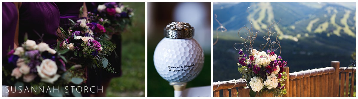 wedding details including purple and golfballs