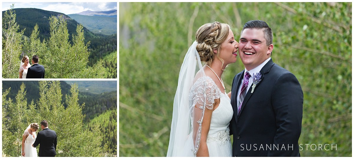 portraits of a bride and groom in the mountains
