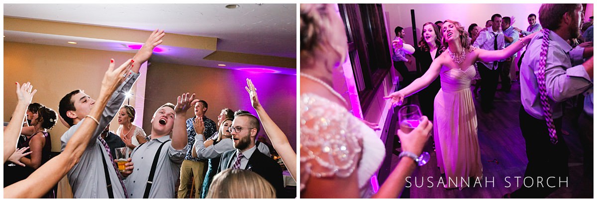 two images of people enjoying a wedding reception party