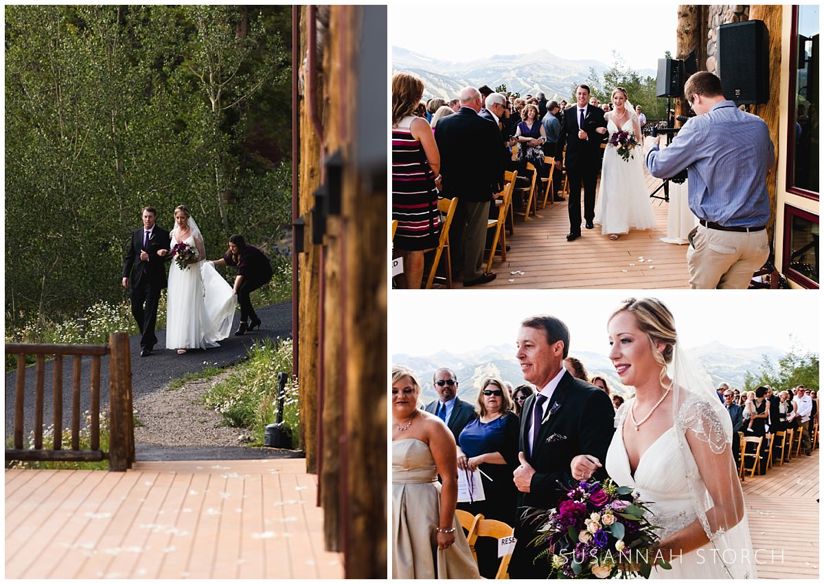 three images of a bride and her dad walking down the aisle at the lodge at breckenridge