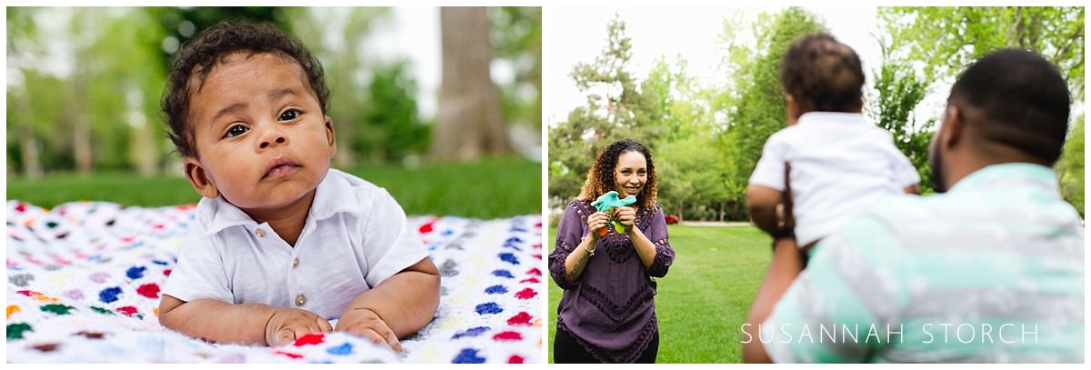 two images from a baby and family photo session featuring a cute baby boy