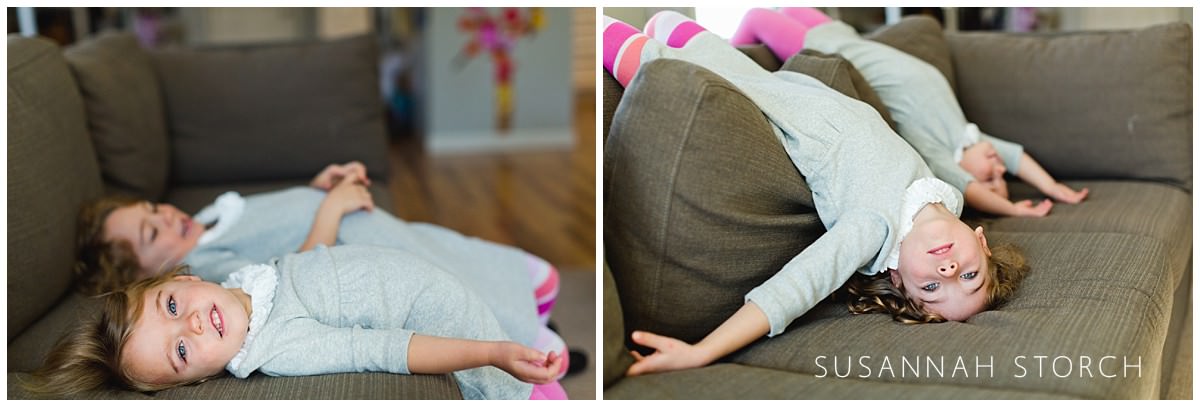 two images of sisters playing on a couch
