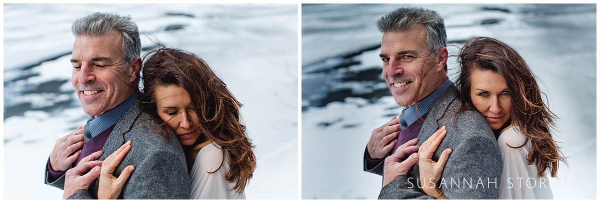 a wedding couple gets portraits taken by an iced over lake
