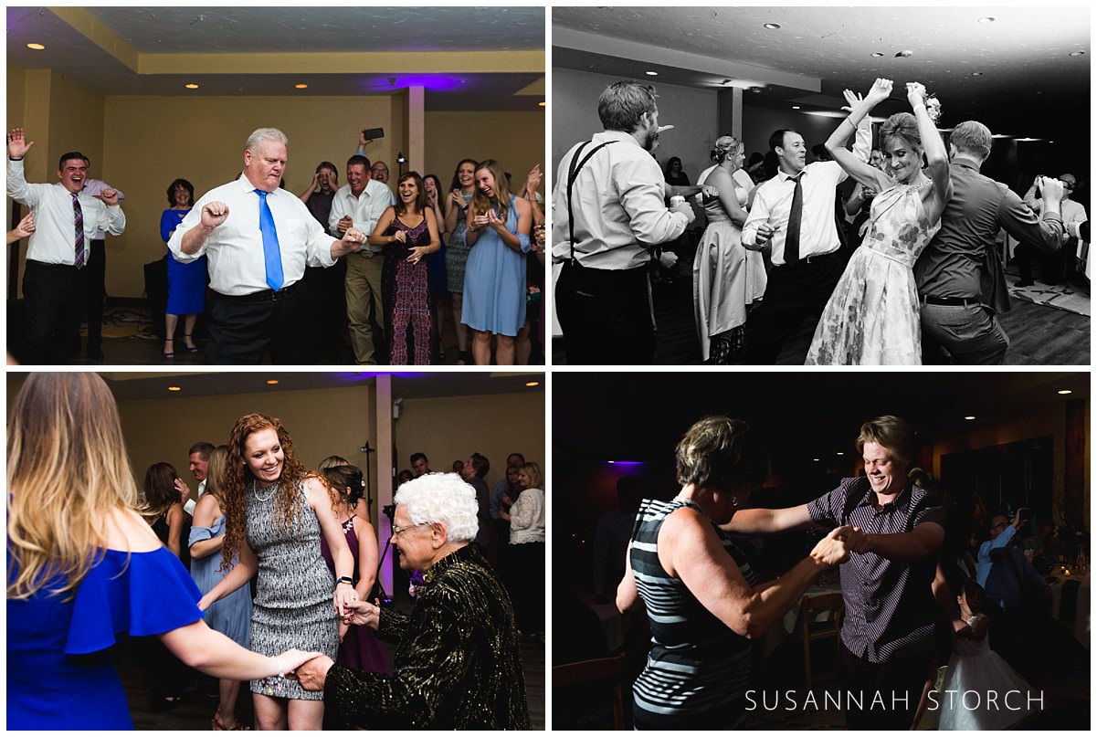 four images of happy wedding guests dancing