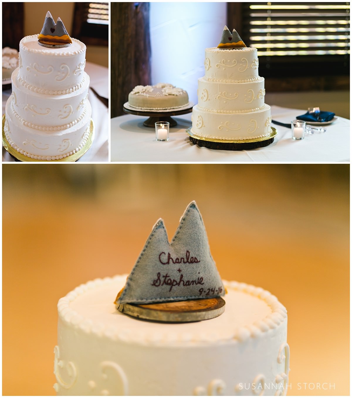 a wedding cake with a handmade sewn mountain topper