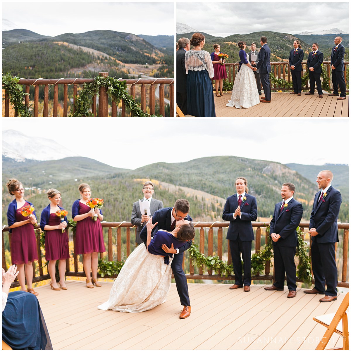 three images of an outdoor mountain wedding ceremony taken on a fall day