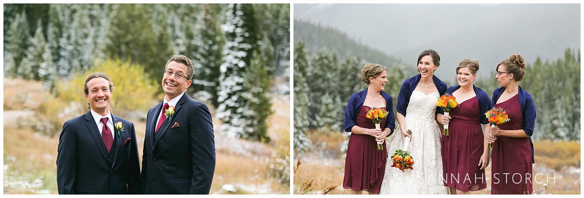 two images of a colorado wedding party on a snowy fall day