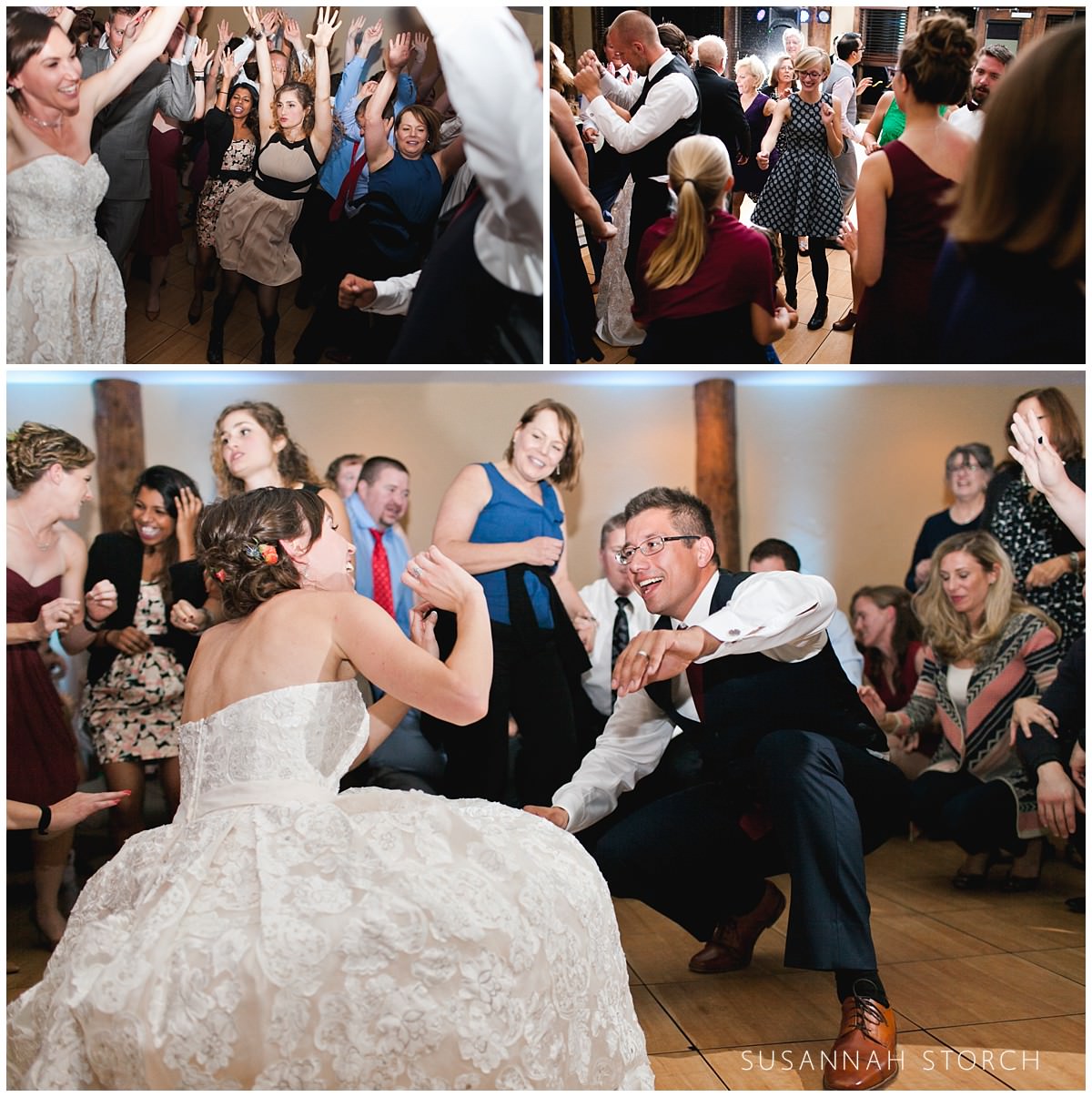 three photos of happy wedding guests dancing