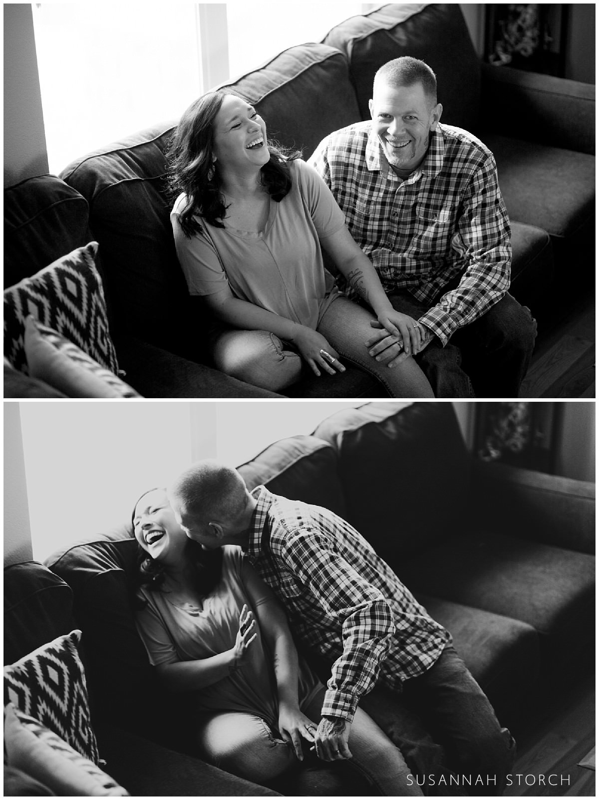 two black and white images of a man and woman laughing