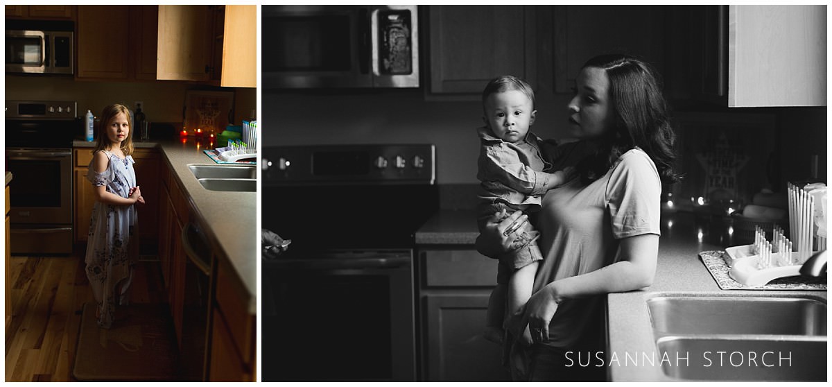 two images of family members standing by a kitchen window