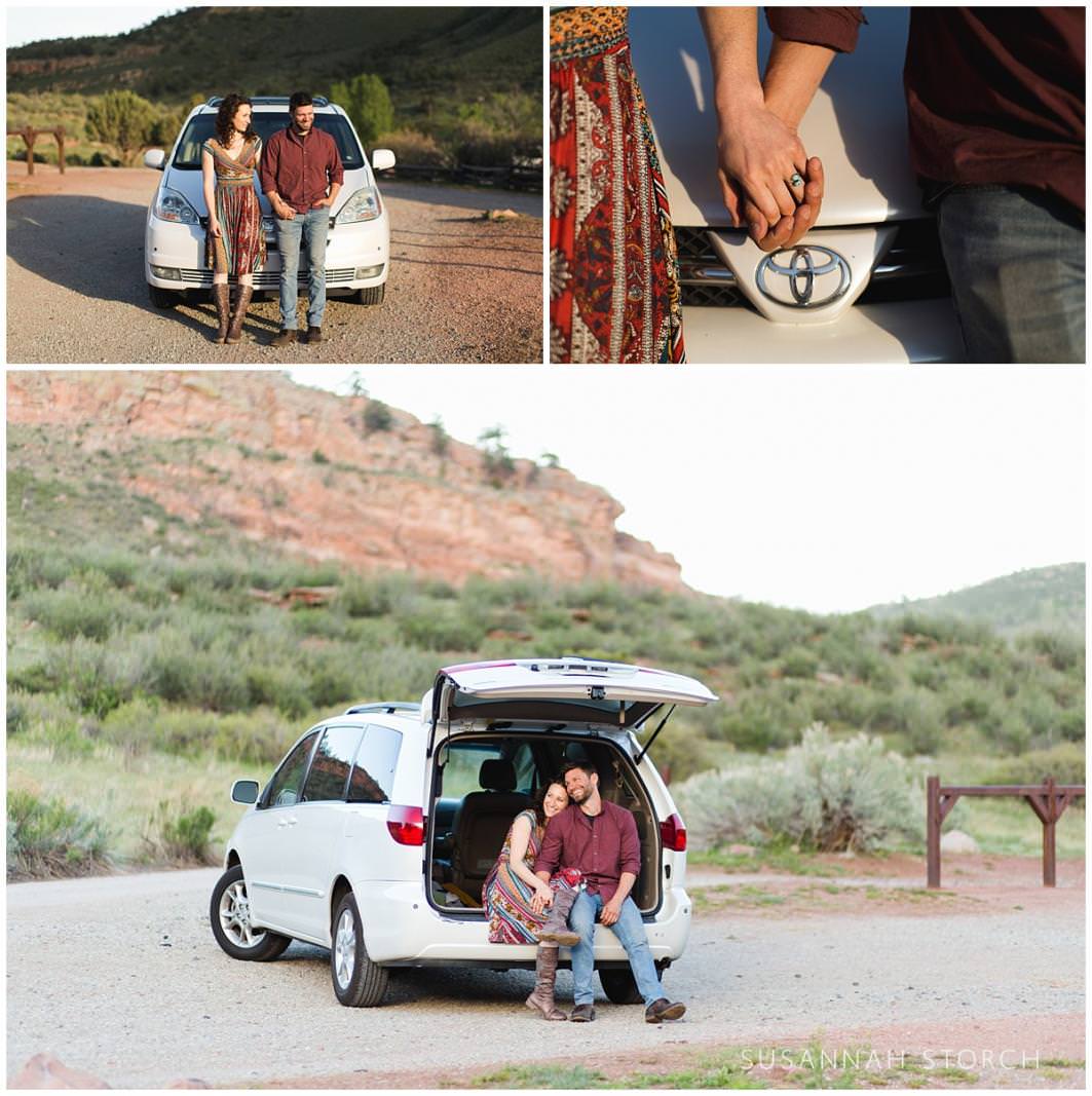 a couple hangs out by their toyota sienna minivan in colorado