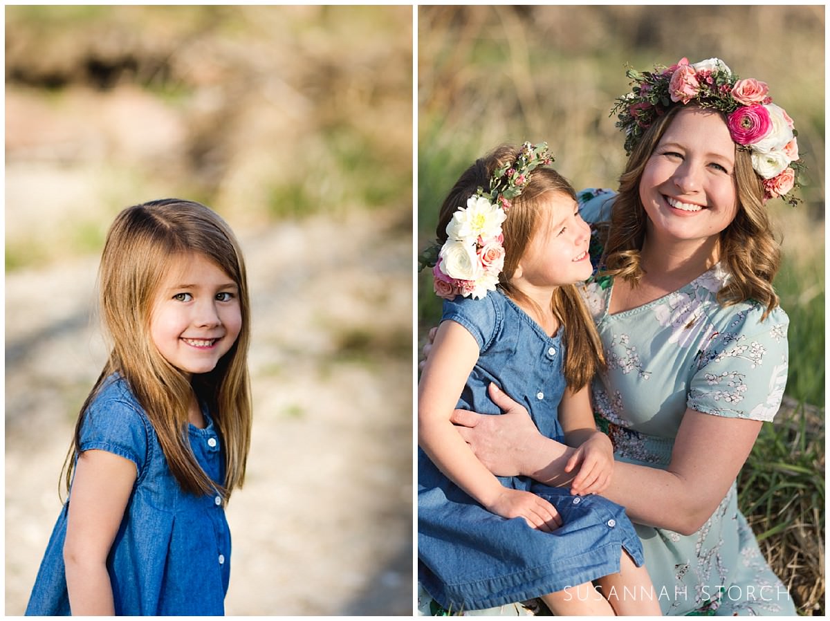 mom and daughter pose in sunlight during a mini session
