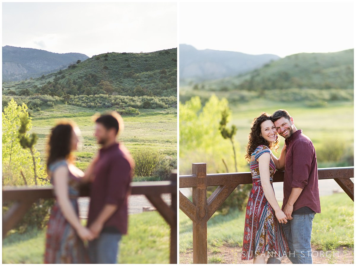 two images of an engaged couple at hall ranch in lyons, colorado