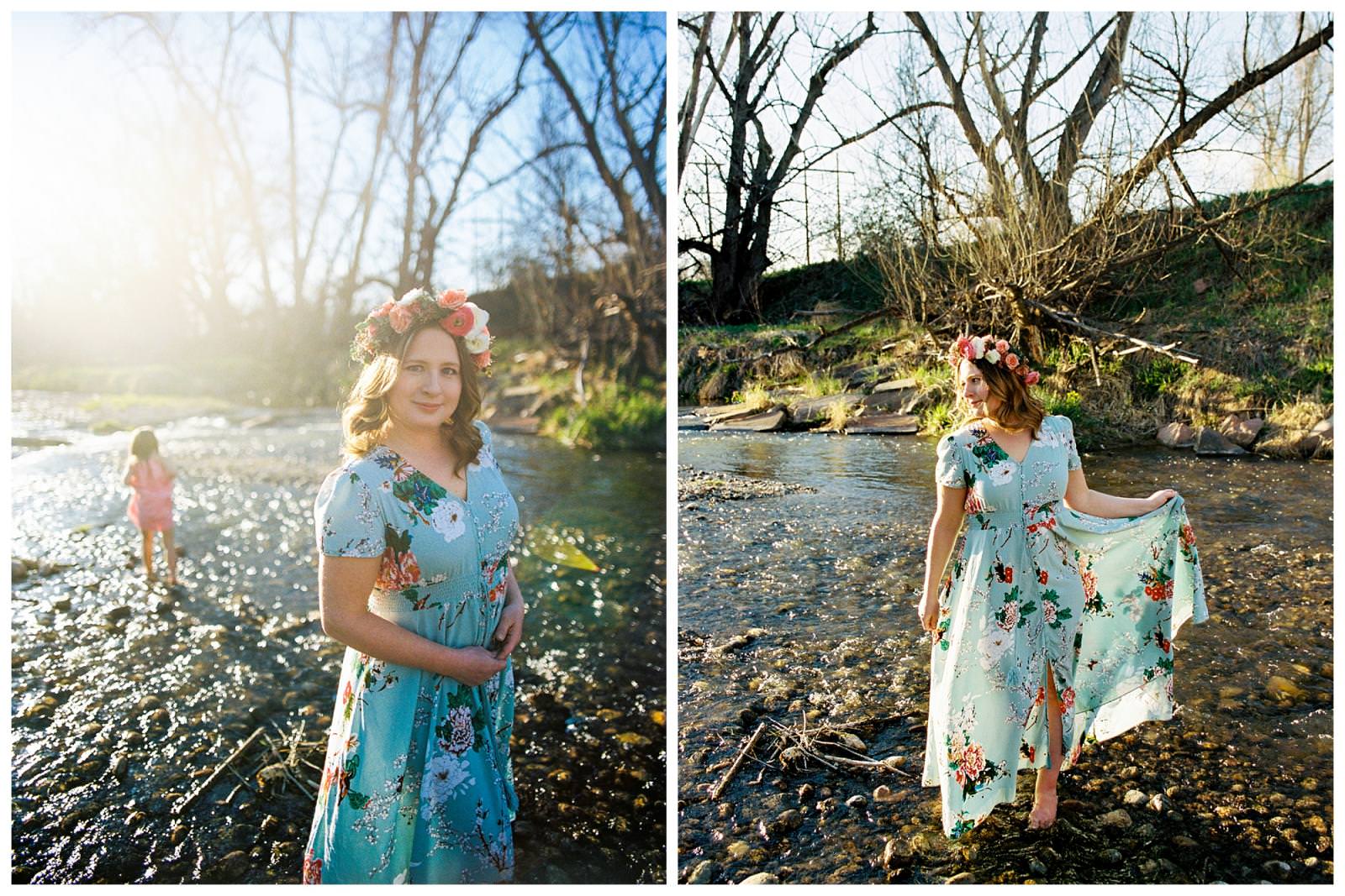 two images of a mom standing by a creek